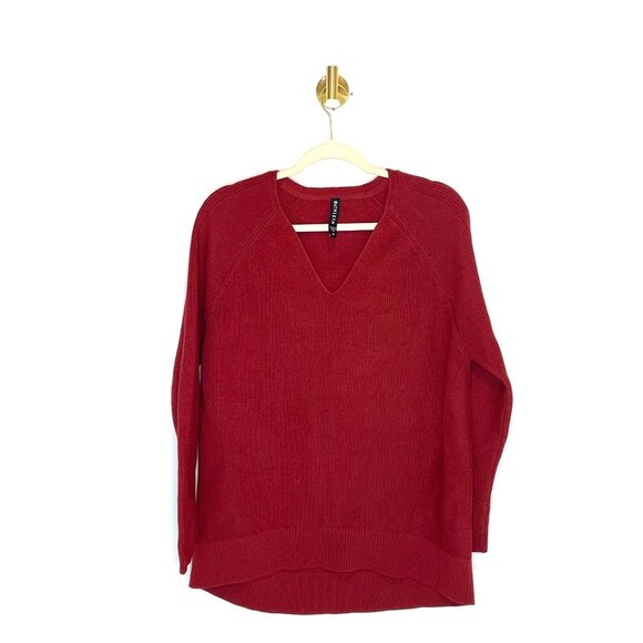 Minimalist | Athleta Brick Red V-Neck Sweater | Sunset Rust Merino Cable Knit - Picture 12 of 14